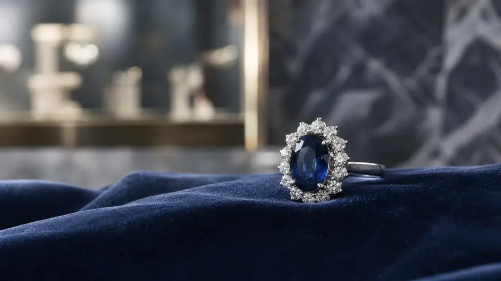 Bague de lady diana : saphir bleu nuit entouré de diamants