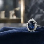 Bague de lady diana : saphir bleu nuit entouré de diamants