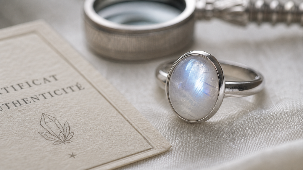 Bague pierre de lune véritable : adularescence, gros plan