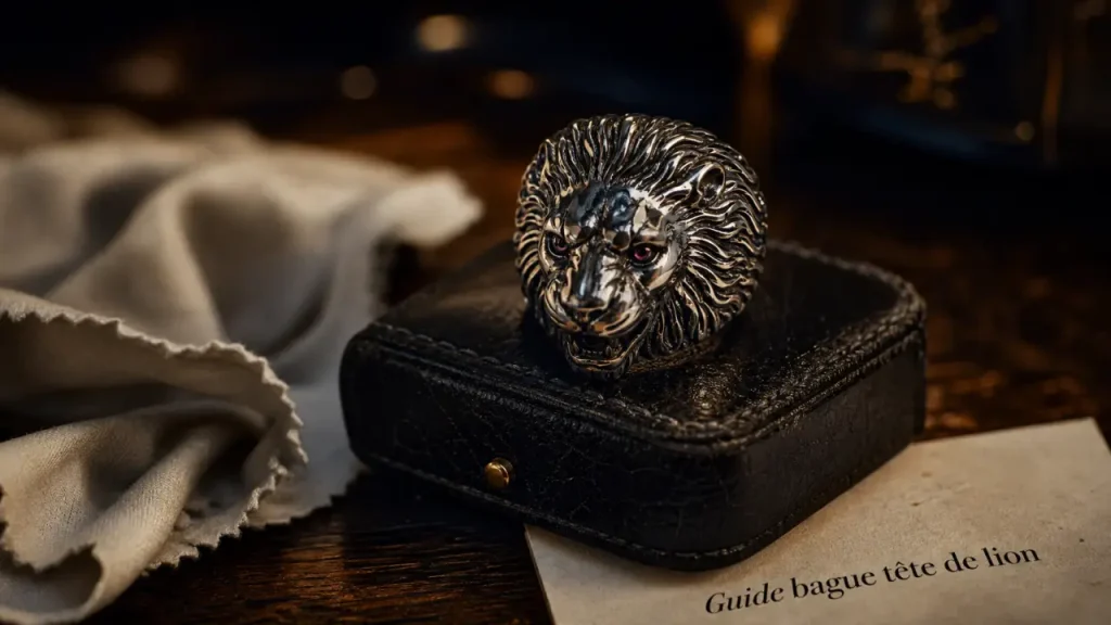 Bague tete de lion acier inox 316L, gros plan