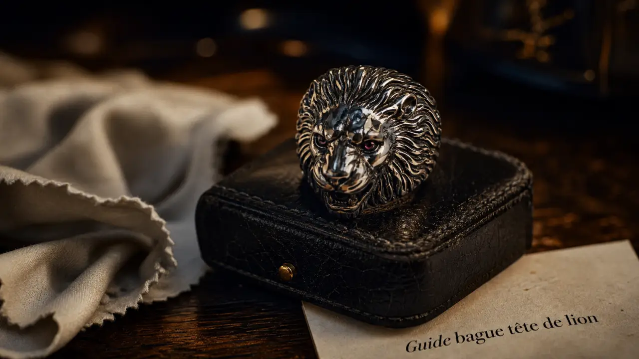Bague tete de lion acier inox 316L, gros plan
