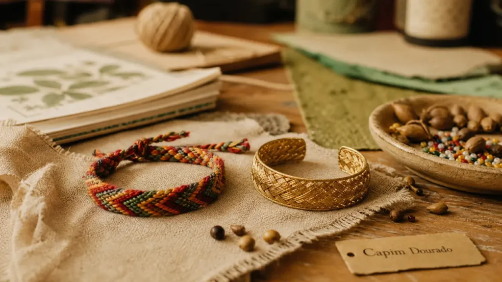 Bijoux brésiliens : bracelet capim dourado et miçanga, fermoir aimanté