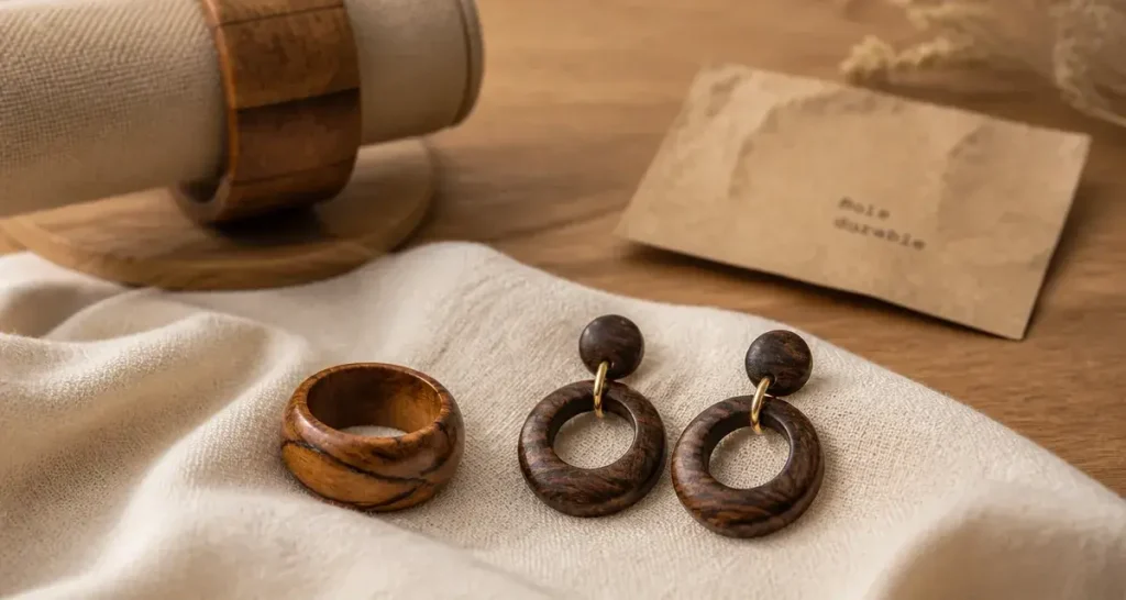 Bijoux en bois : bague et boucles en bois sur lin crème