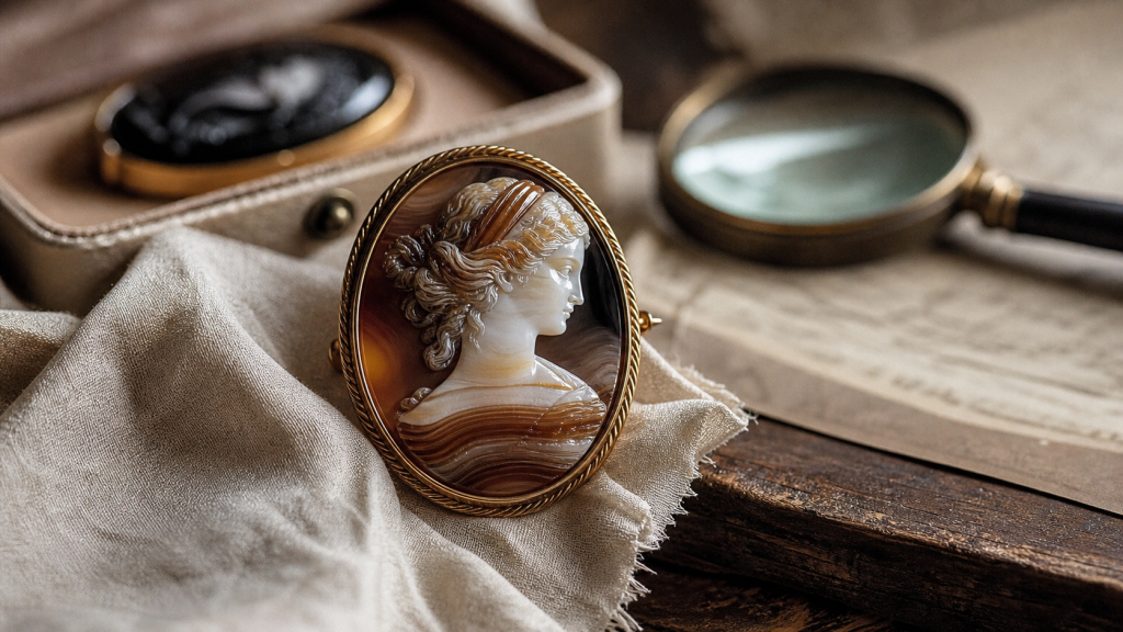 Bijoux en camée, broche vintage en gros plan sur table en bois
