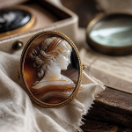 Bijoux en camée, broche vintage en gros plan sur table en bois