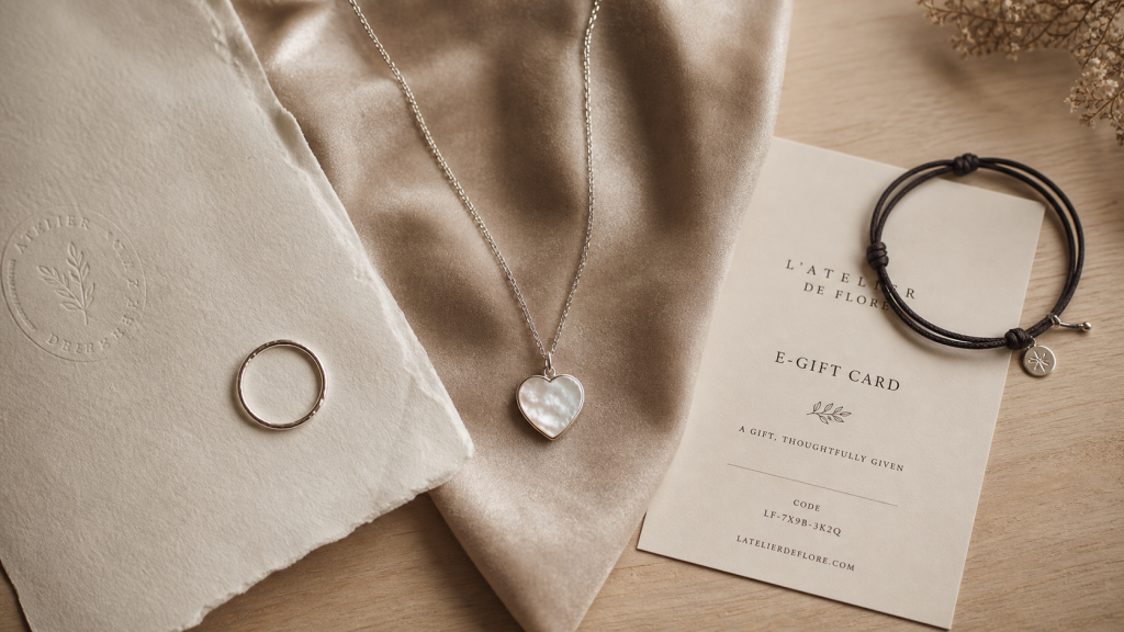 Bijoux Saint Valentin : collier cœur en nacre, bague argent et bracelet