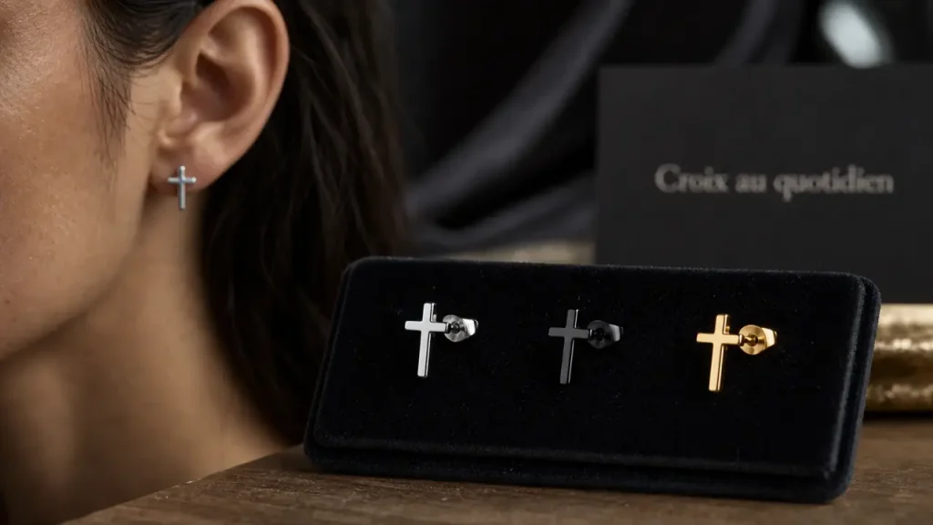 Boucle d'oreil croix en acier noirci et doré, fermoir à puce, gros plan