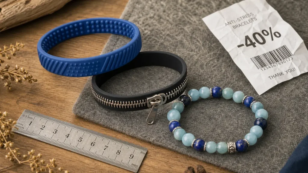 Bracelet anti stress : sensoriel, zipper et pierres, vue de dessus