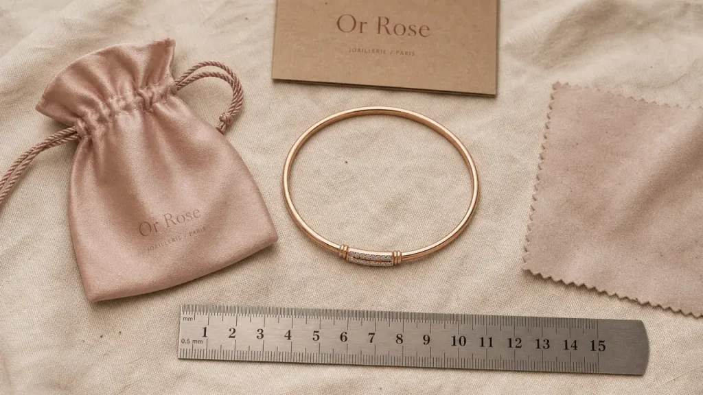 Bracelet rose or jonc diamant, photo à plat.