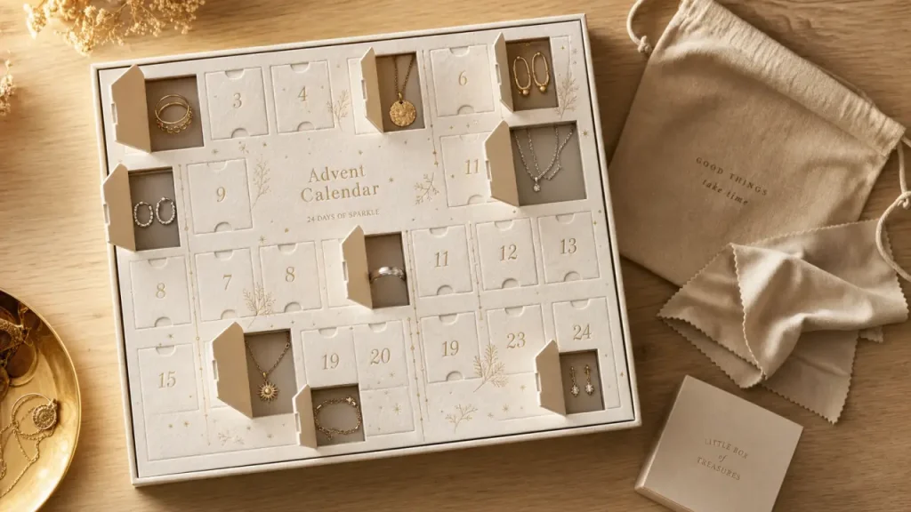 Calendrier de l'avent 2022 bijoux : accessoires dorés et argentés sur fond bois clair