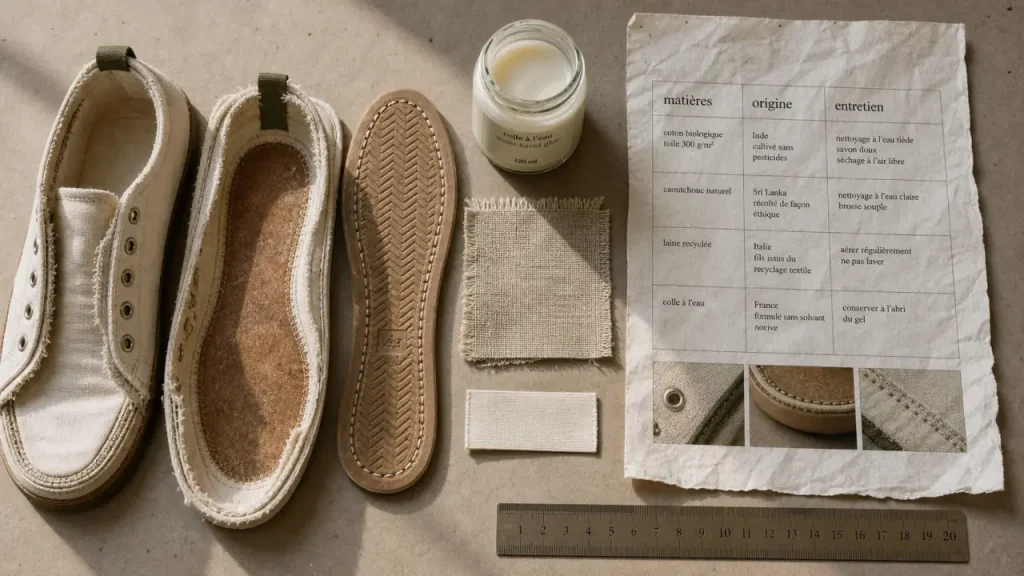 Chaussures éthiques : matières, labels et colle à base aqueuse, vue de dessus