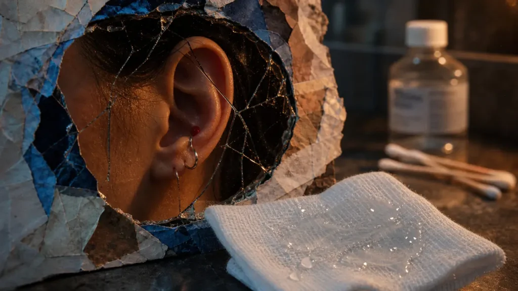 Chéloide piercing : boule rouge près d’un trou d’oreille après piercing