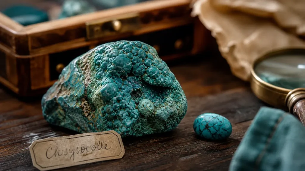Chrysocolle bleu-vert brute, comparaison avec turquoise, pierre à reconnaître