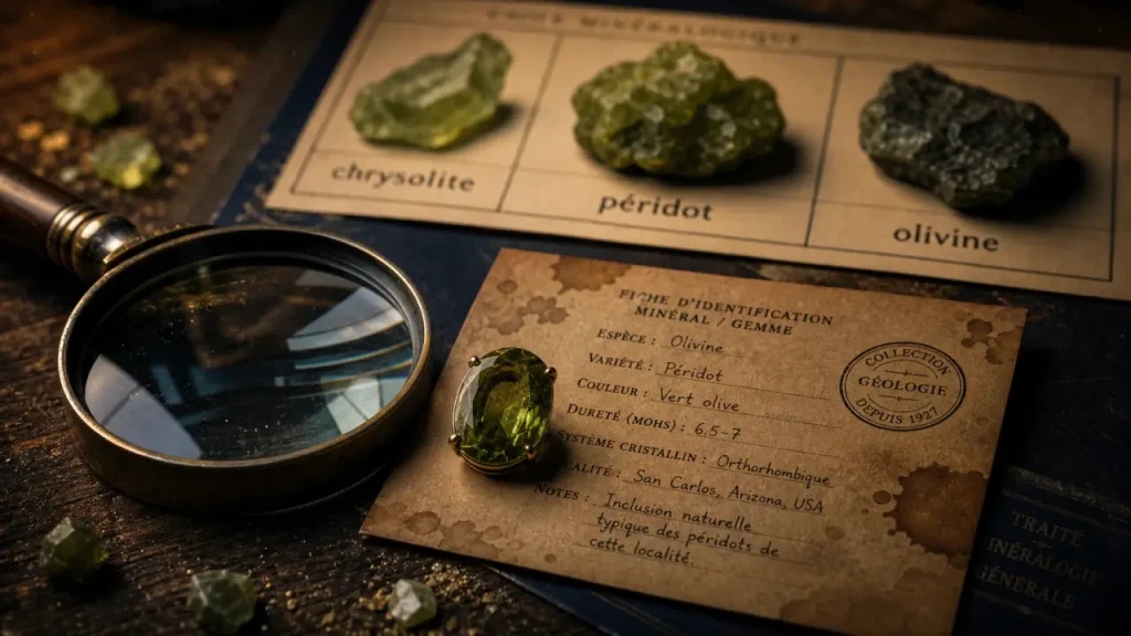Chrysolite pierre : loupe sur péridot vert olive, fiche d’identification et échantillons