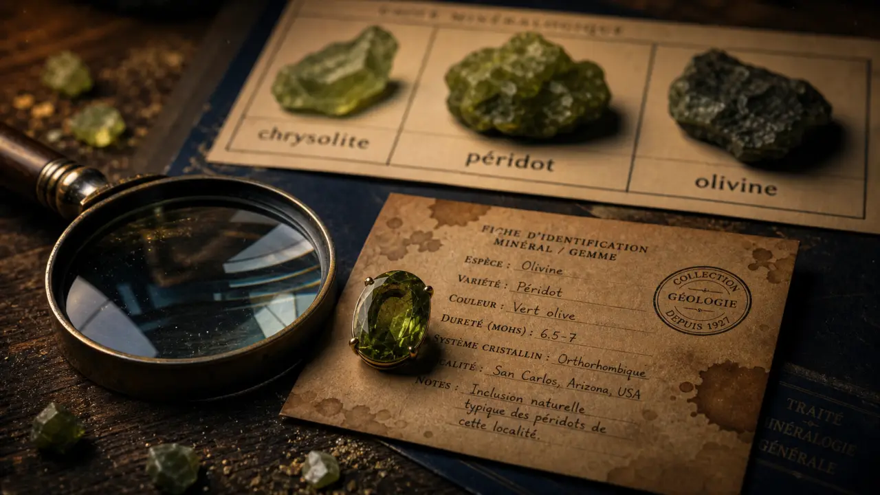 Chrysolite pierre : loupe sur péridot vert olive, fiche d’identification et échantillons