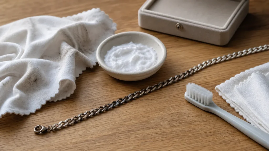 Comment nettoyer bijoux argent au bicarbonate : brosse et chiffon pour polir l’argent