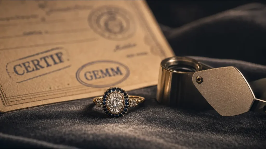 Comment reconnaître un vrai diamant : gros plan d’une bague sertie et loupe de bijoutier