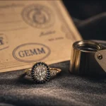 Comment reconnaître un vrai diamant : gros plan d’une bague sertie et loupe de bijoutier