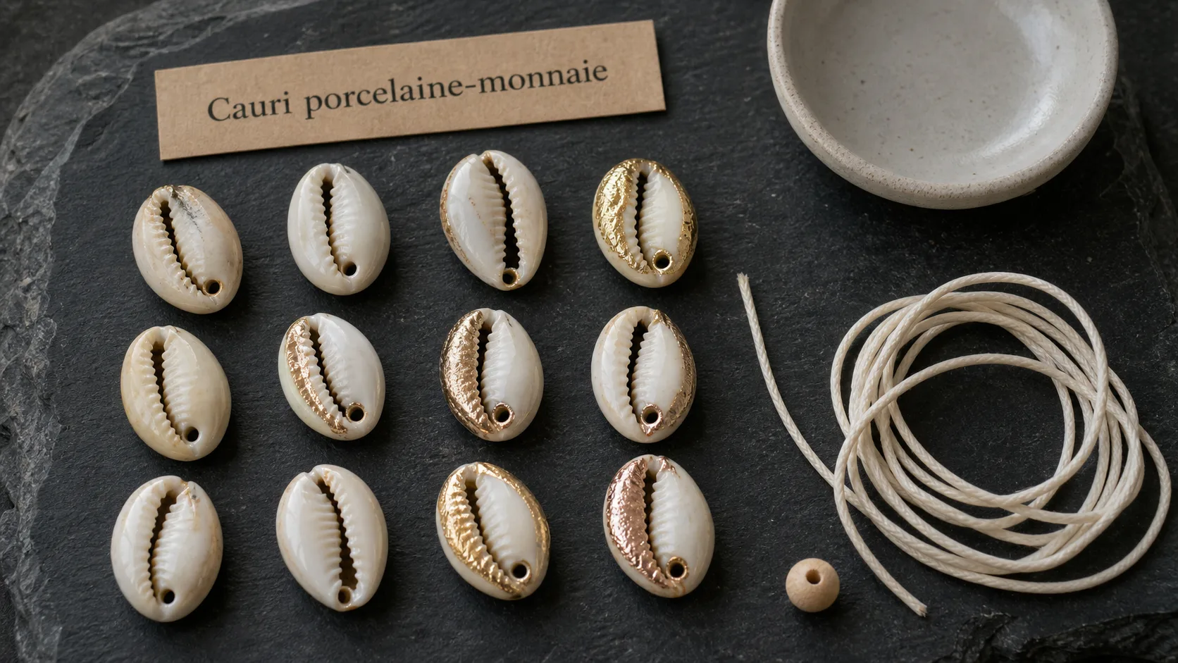 Coquillage cauri : cauris blancs-beige denticulés percés sur ardoise