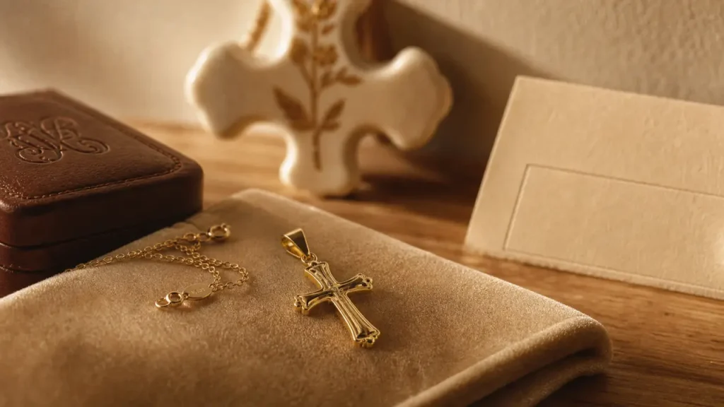 Croix religieuse : croix de baptême en or jaune sur velours beige