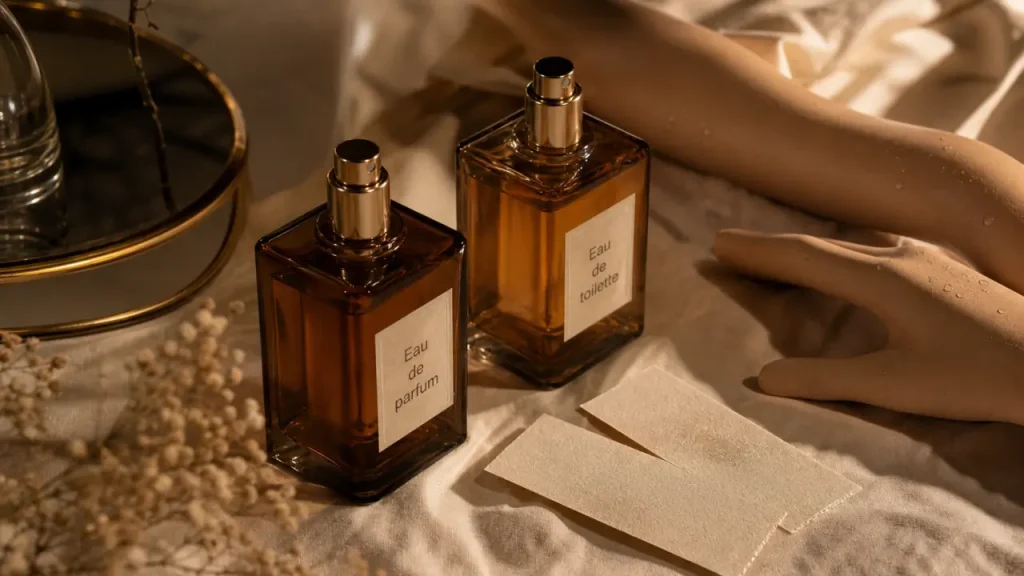 Eau de parfum ou eau de toilette : flacons ambrés, concentration et sillage