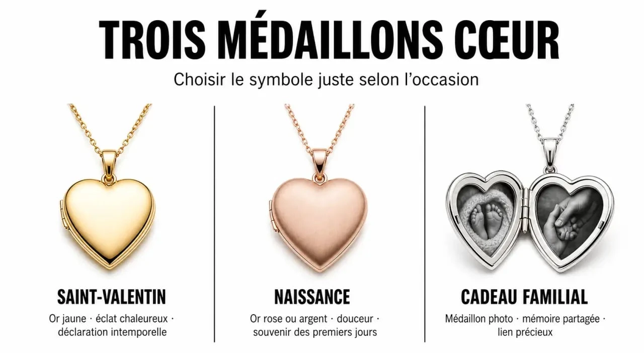 Infographie comparative des styles de médaillon cœur pour choisir son bijou selon l'occasion