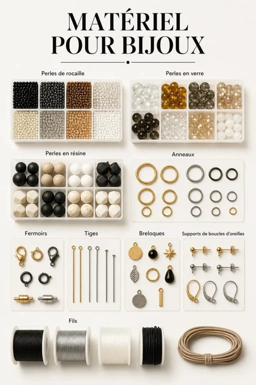 Perles et accessoires pour fabriquer des bijoux disposés en assortiment sur une table d’atelier