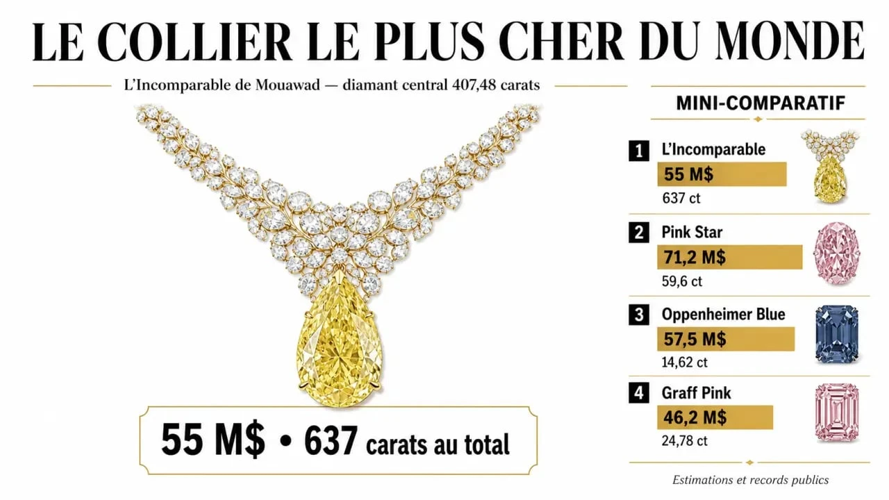 Collier le plus cher du monde : infographie éditoriale sur L’Incomparable et les bijoux les plus chers