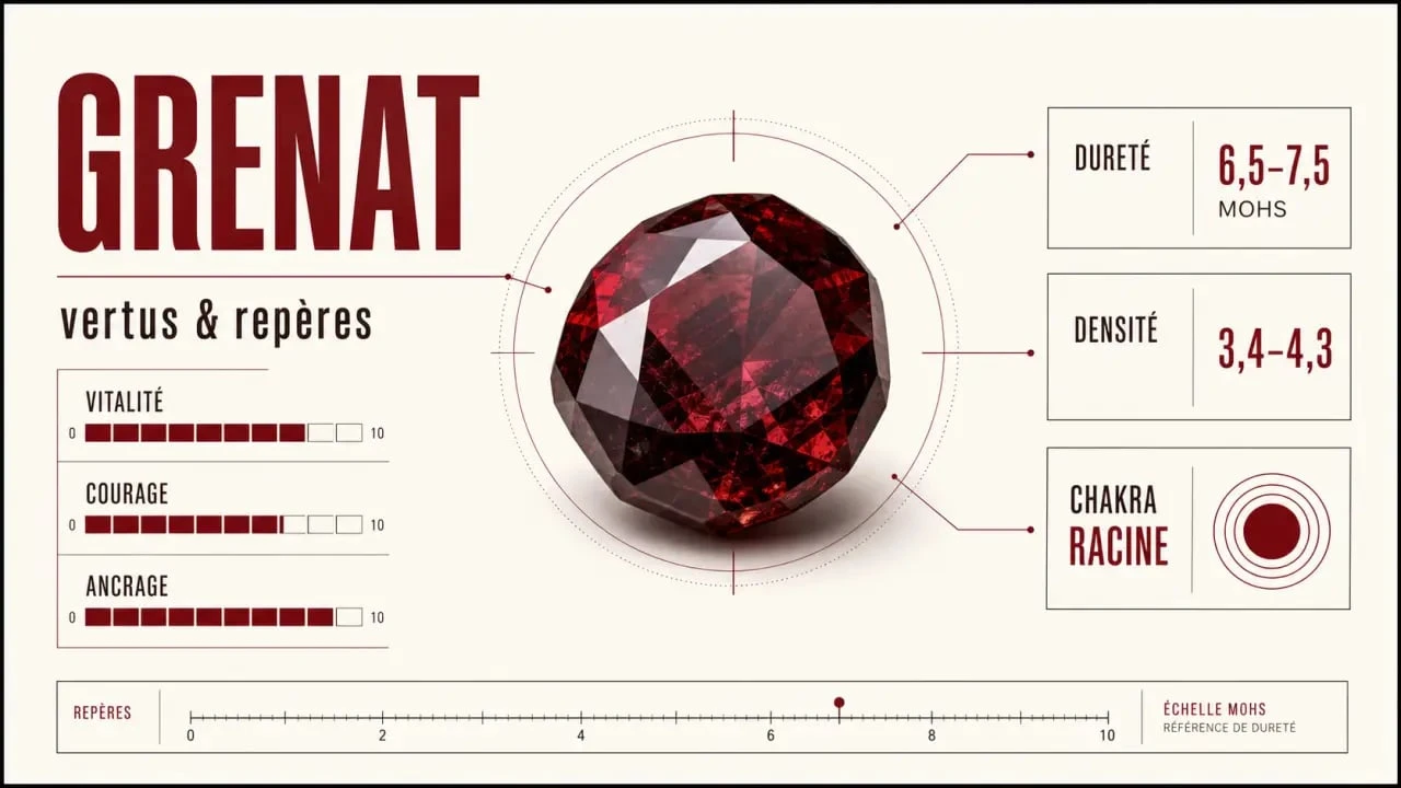 Grenat vertus : infographie éditoriale sur les propriétés, le chakra racine et les bienfaits du grenat