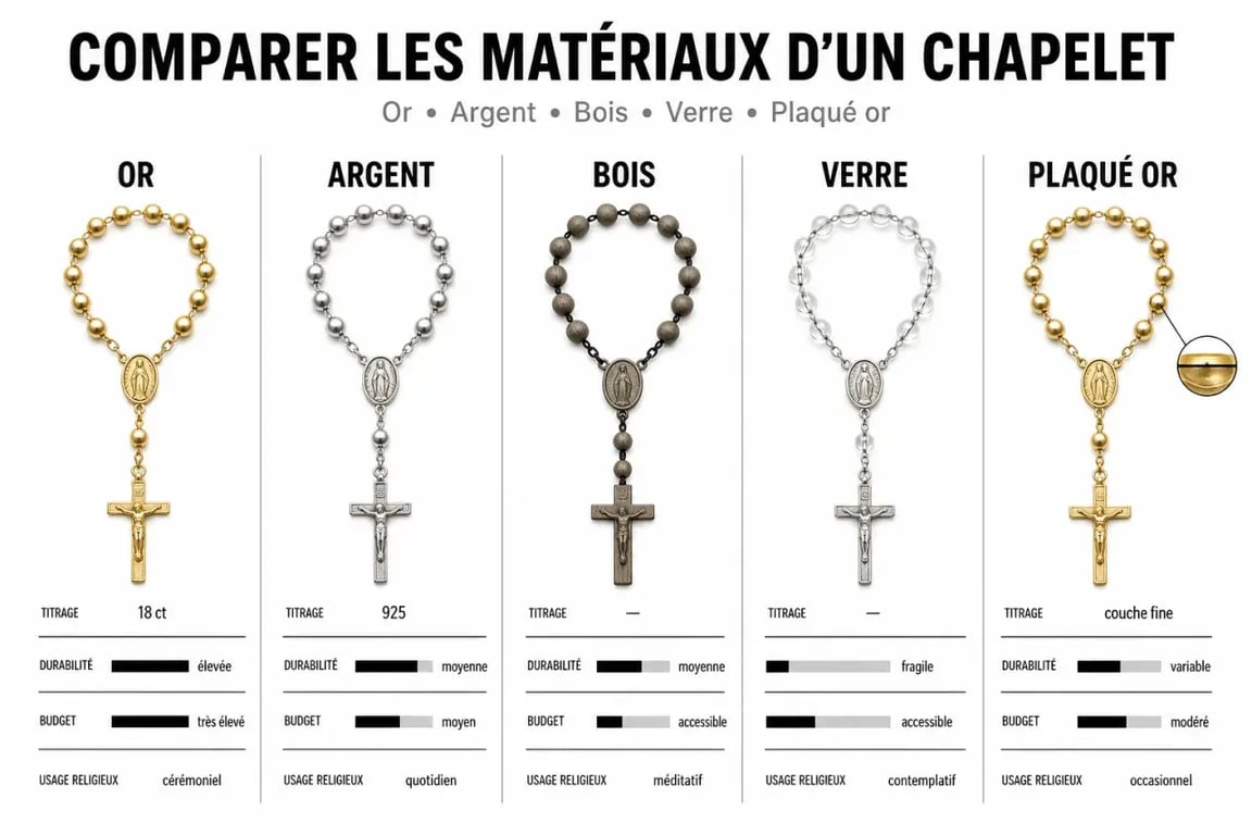 Comparatif de chapelet en or, chapelet en argent, bois, verre et plaqué or