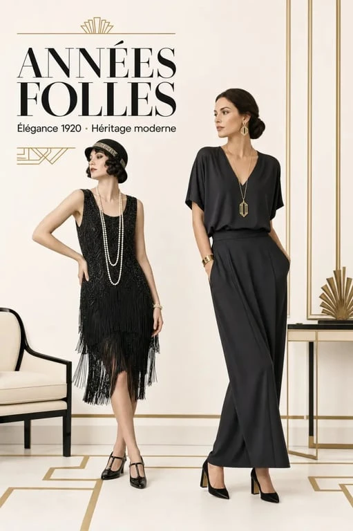 Femmes annees 20 : deux silhouettes inspirées des années folles, entre flapper classique et tenue moderne Art déco