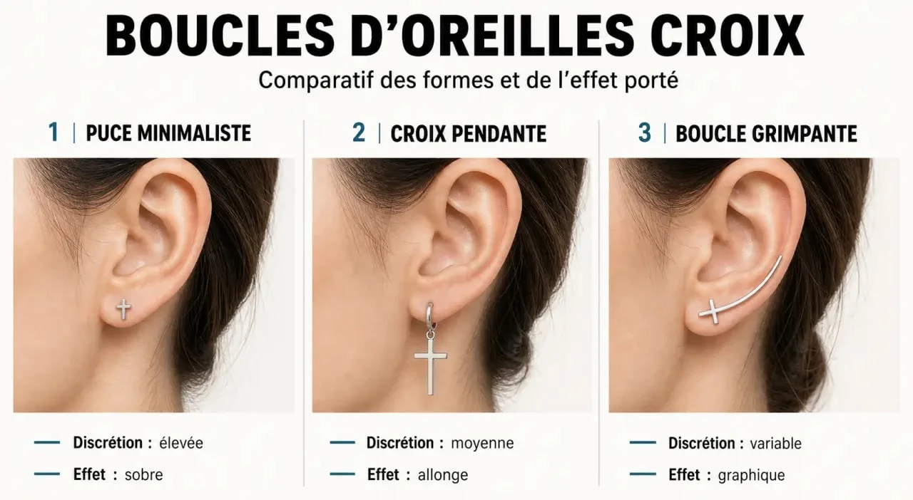 Boucle d'oreil croix : comparaison visuelle entre puce minimaliste, croix pendante et boucle grimpante