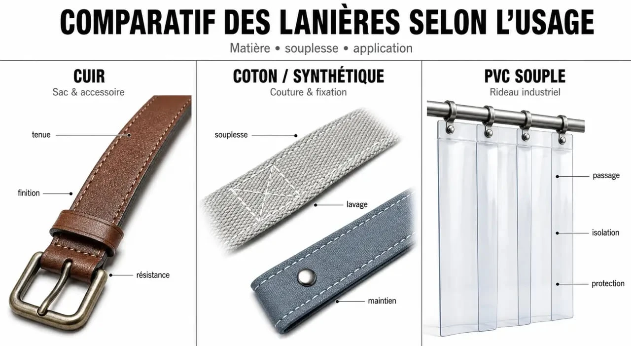Comparatif visuel des lanières en cuir, coton, synthétique et PVC souple