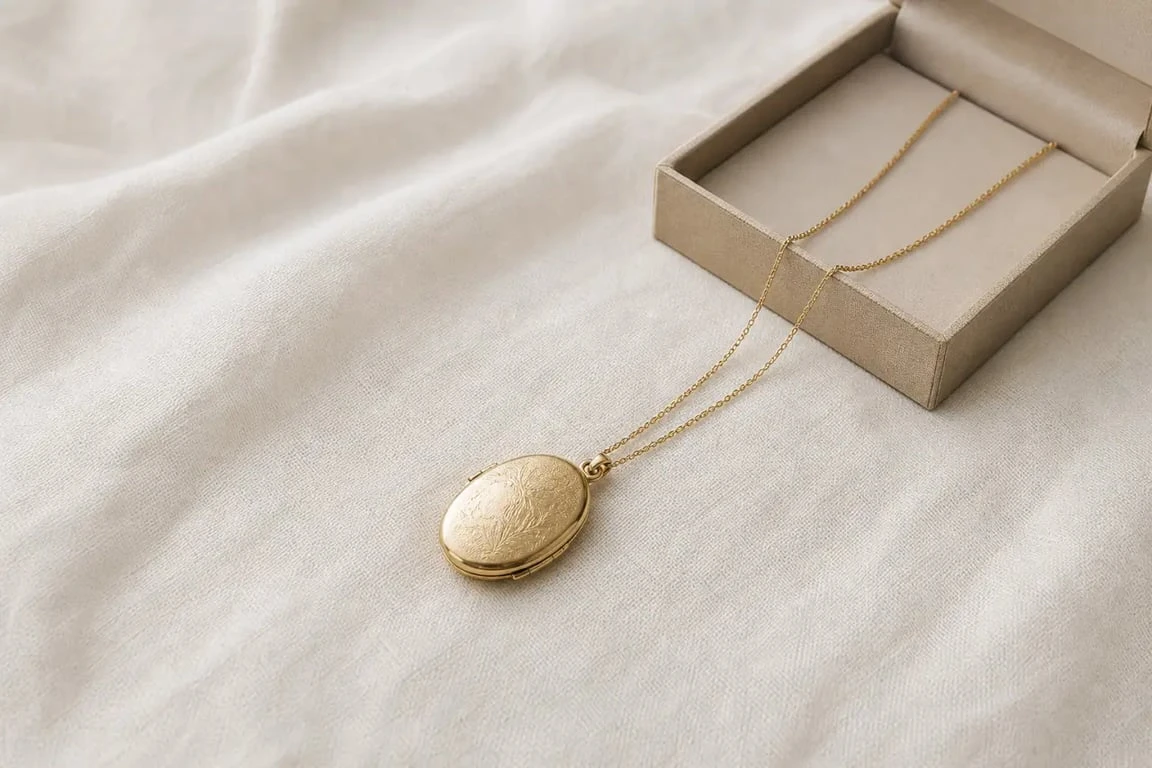 Collier medaillon doré ovale présenté en mise en scène cadeau sur fond clair