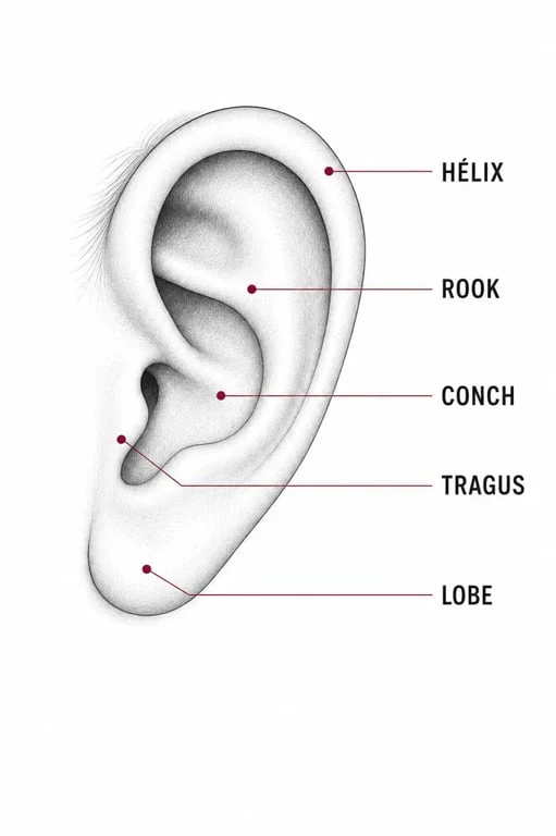 Schéma des zones de piercing de l'oreille pour choisir son piercing en argent