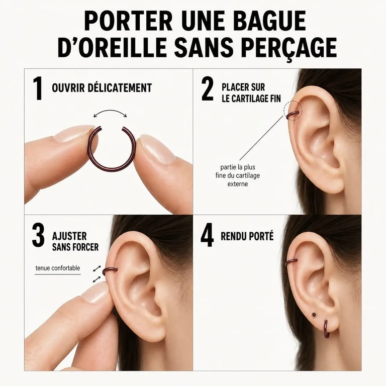 Bague oreille : étapes pour la mettre et la porter sans perçage