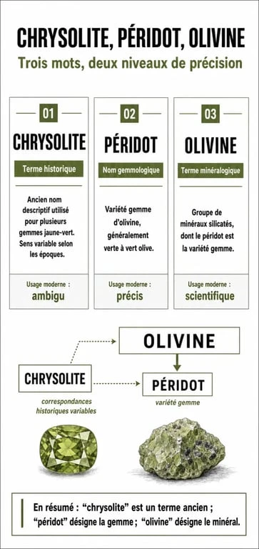 Infographie comparative expliquant la différence entre la chrysolite, le péridot et l'olivine