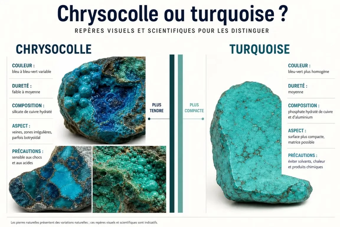 Chrysocolle comparée à la turquoise avec gros plan minéralogique et critères visuels