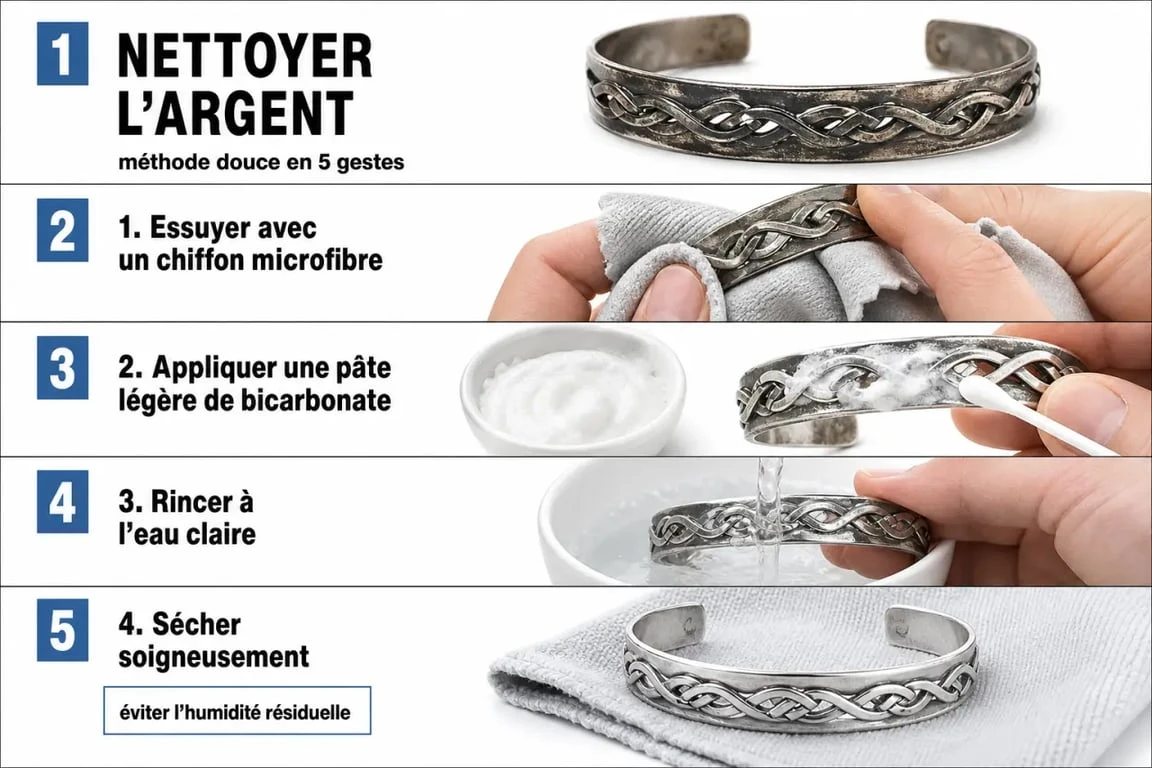 Comment nettoyer bijoux argent avec un tutoriel visuel montrant chiffon doux, bicarbonate, rinçage et séchage
