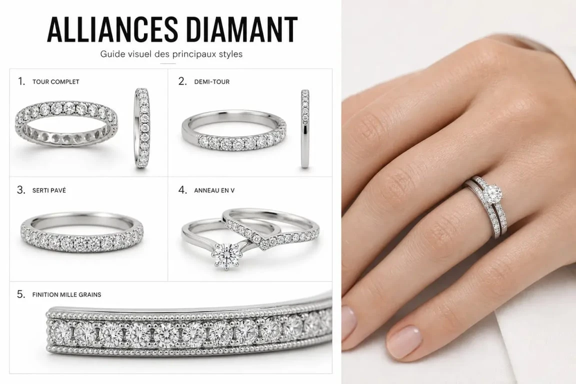 Infographie comparative de l’alliance femme diamant : tour complet, demi-tour et serti pavé