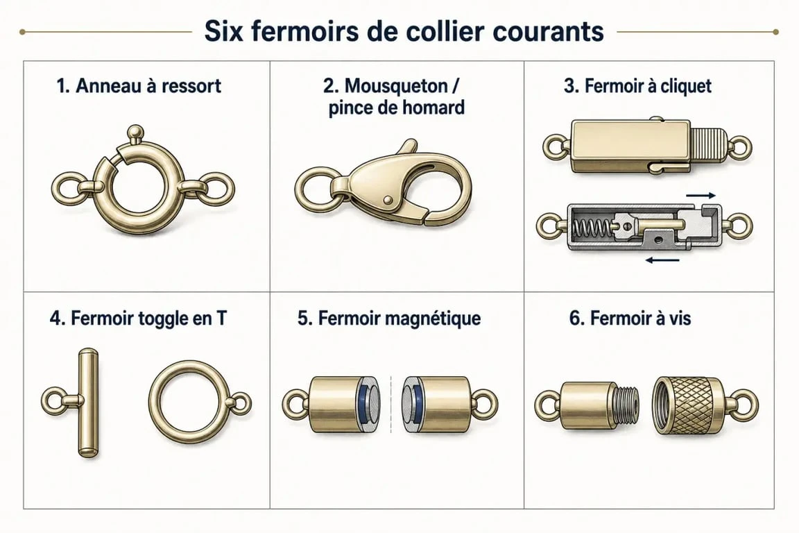 Types de fermoir collier illustrés avec anneau à ressort, mousqueton, cliquet, toggle et fermoir magnétique