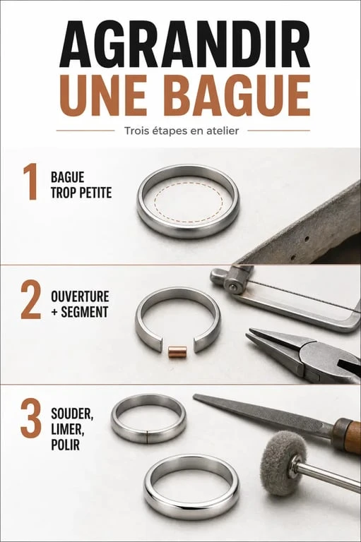 Agrandir bague : schéma éditorial de mise à taille en atelier avec découpe, ajout de métal et polissage