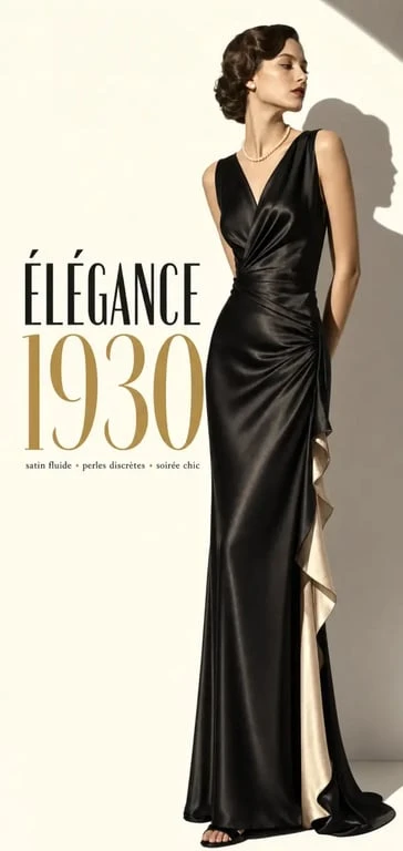 Robe des annee 30 en satin noir, silhouette fluide et élégante au style rétro chic