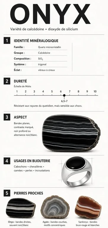 Infographie sur la pierre onyx, ses propriétés et ses usages en bijouterie