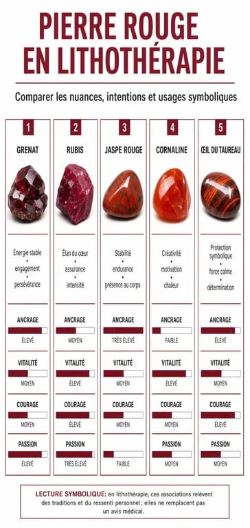Infographie sur la pierre rouge signification avec grenat, rubis, jaspe rouge, cornaline et œil du taureau