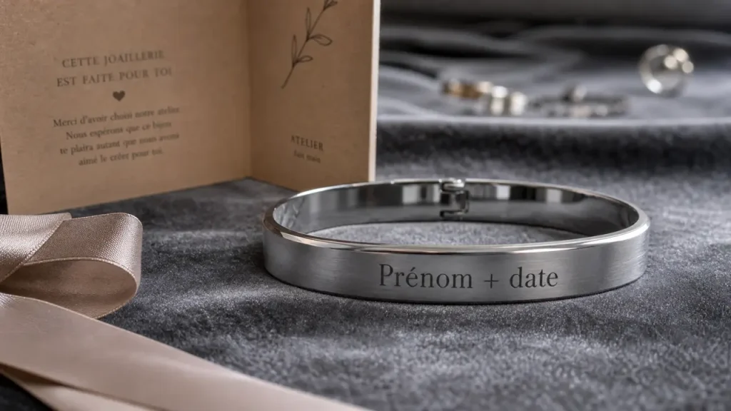 Jonc personnalisé en acier inoxydable avec gravure Prénom + date sur velours gris