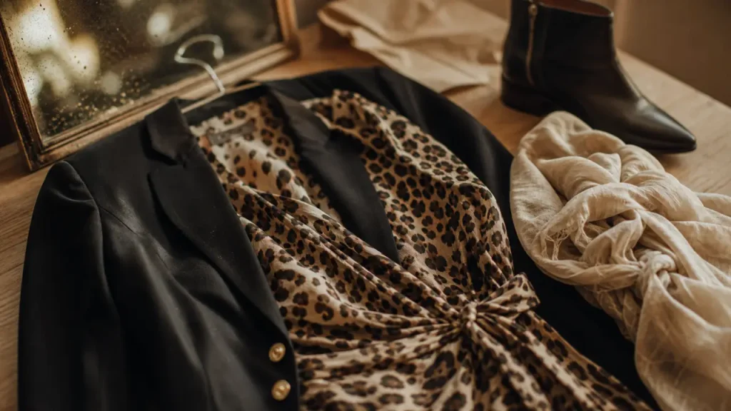 Léopard mode : robe léopard chic sur blazer noir, style éditorial
