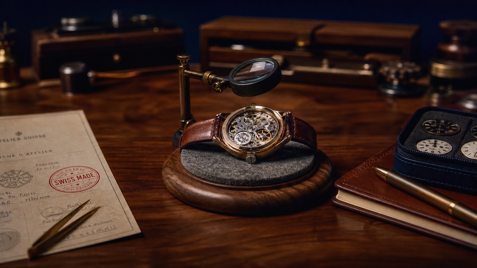Marque de montre de luxe : montre Swiss Made ouverte sur établi, loupe visible