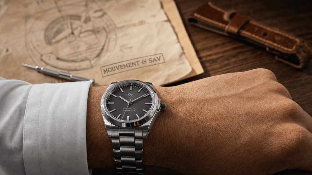 Marque montre quartz automatique luxe au poignet, gros plan