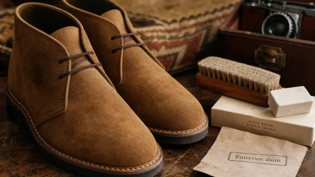 Matière daim : boots en daim brun et brosse à daim pour entretien